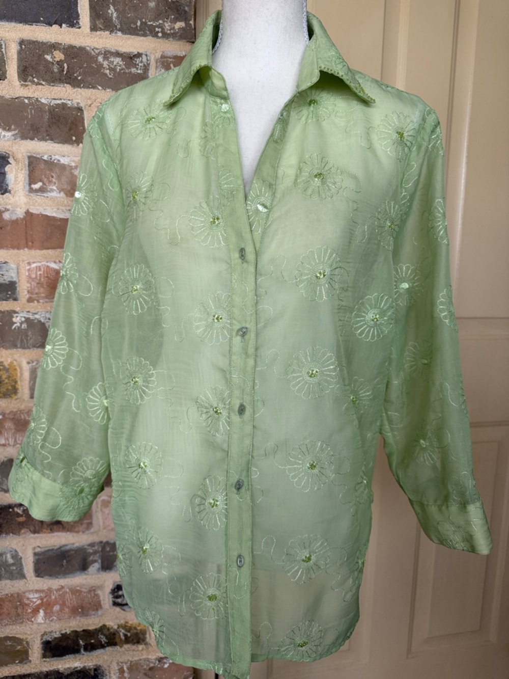Karen Arnold Light Green Embroidered Button-Up Sheer Top Jacket